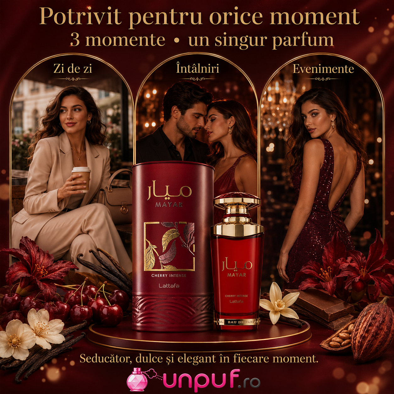 Mayar Cherry Intense Lattafa parfum arabesc dulce cu cireșe, cacao, căpșuni, vanilie, ambră și patchouli